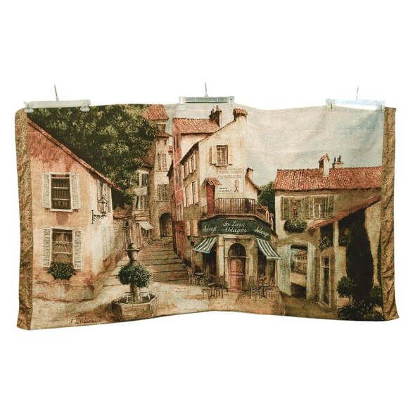 Auberge Dey Deux French Scenic Tapestry Wall Hanging F. De Villeneuve 73" X 40" - Picture 1 of 7